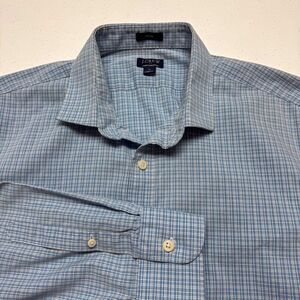 J Crew Shirt Mens Large Slim Blue White Plaid Performance Golf Preppy Casual‎